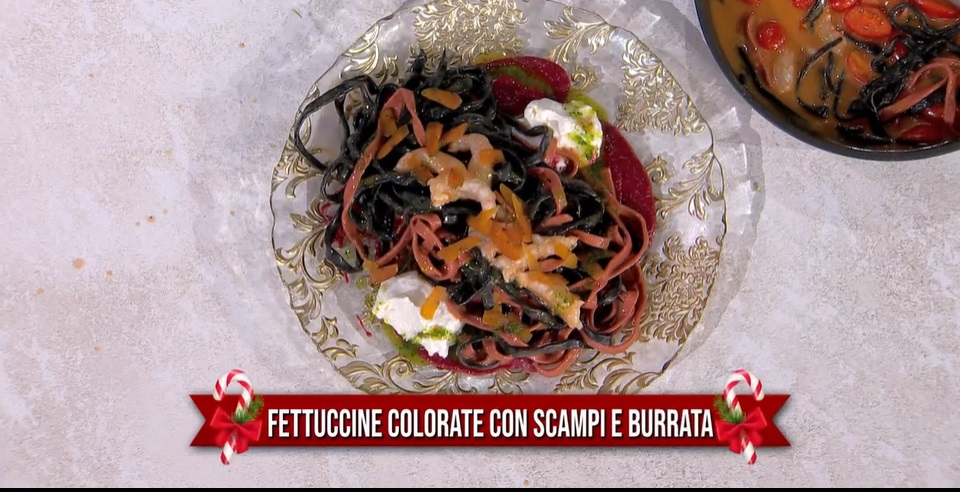 “É sempre mezzogiorno” ricetta di oggi 3 Gennaio 2024: Fettuccine colorate con scampi e burrata di Gian Piero Fava