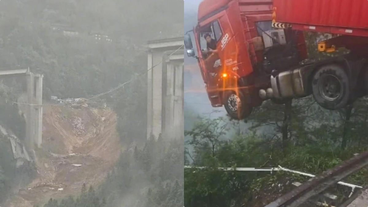 Crollo ponte in Guizhou: un camion sospeso nel vuoto con l’autista intrappolato, una scena da brividi