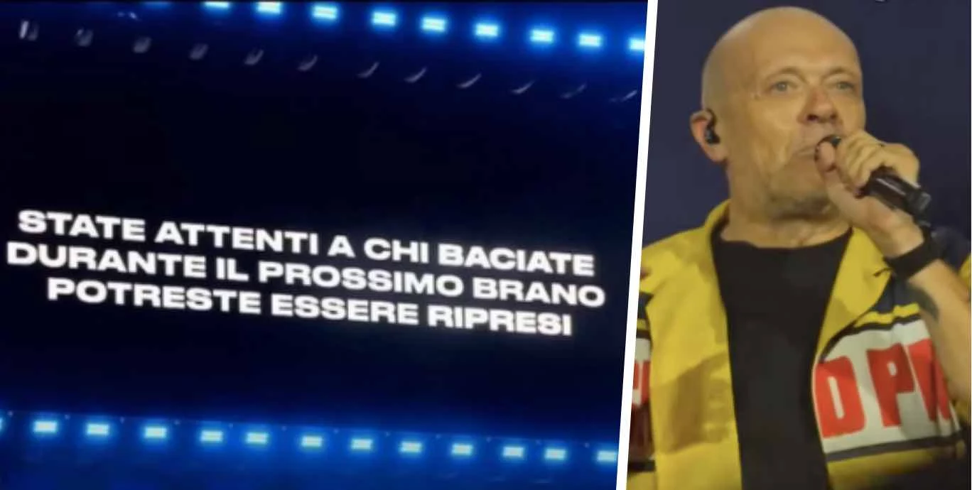 Max Pezzali avverte il pubblico a prestare attenzione alle telecamere durante il concerto di Imola