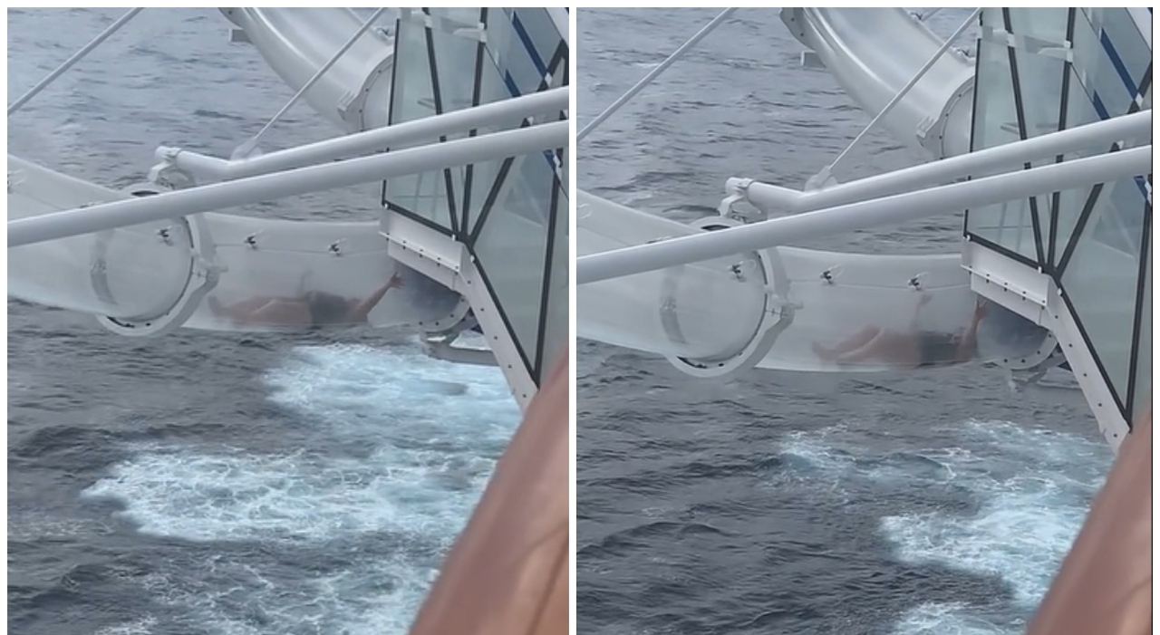 Passeggera bloccata in uno scivolo a 30 metri di altezza su una nave da crociera provoca panico e reazioni online