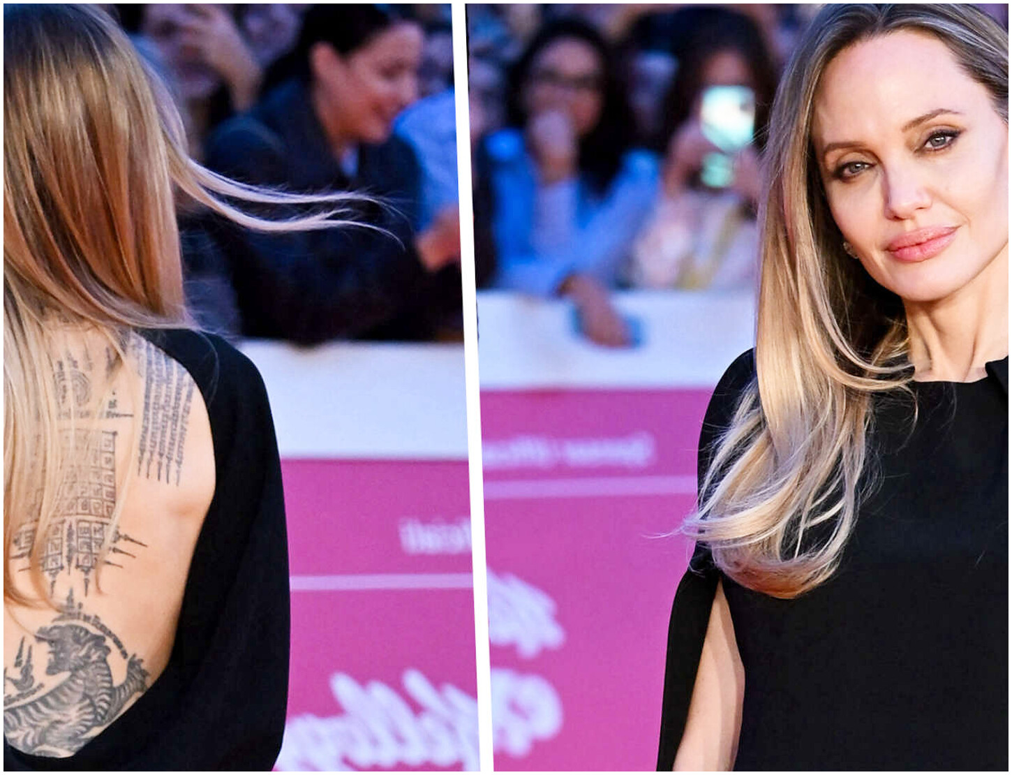 Angelina Jolie incanta sul red carpet di Roma con i suoi tatuaggi in evidenza e un look total black