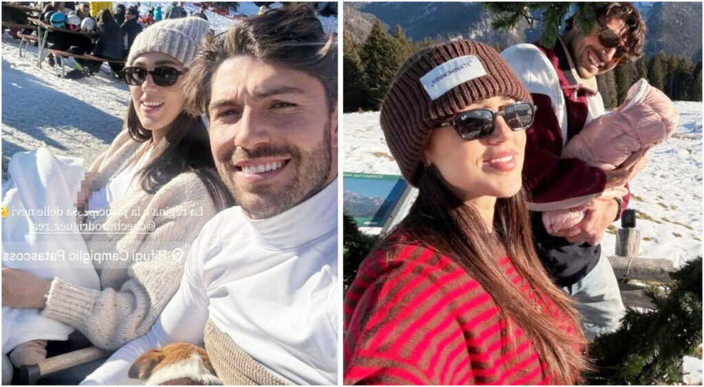 Cecilia Rodriguez con Clara Isabel in un tenero momento di allattamento tra le montagne innevate