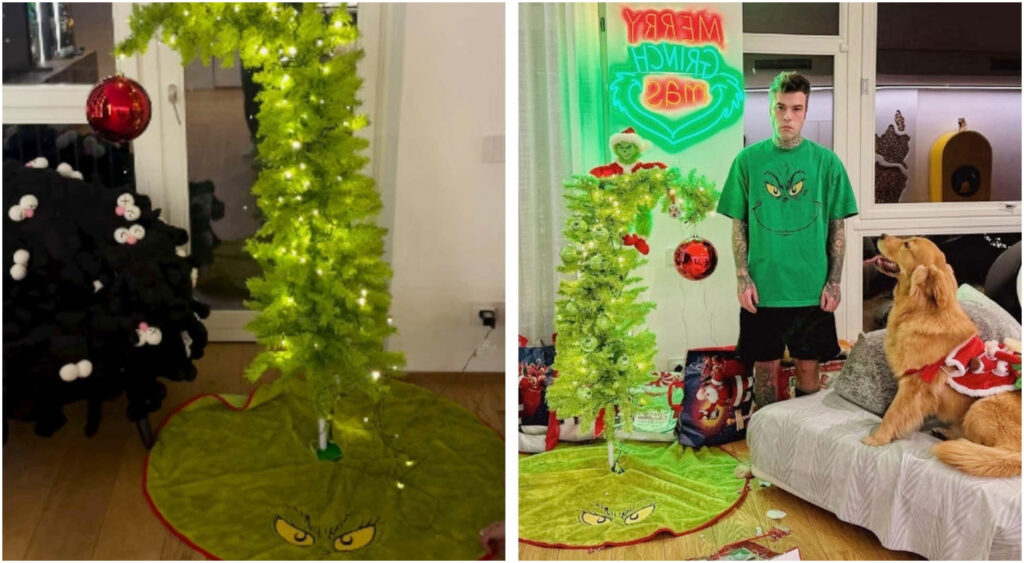Fedez condivide l’insolito albero di Natale Grinch: crolla la punta e si rompe una pallina pesante