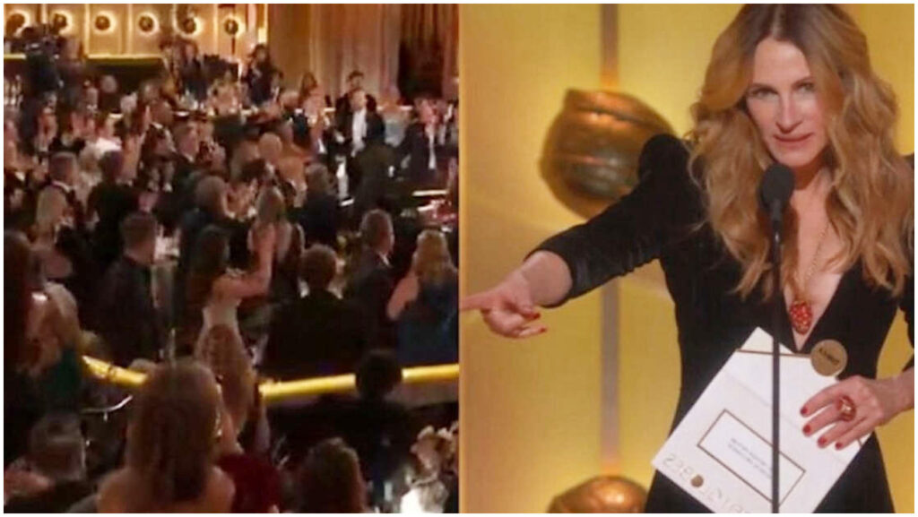 Golden Globes 2026 Julia Roberts nota l’espressione di Emma Stone durante la cerimonia