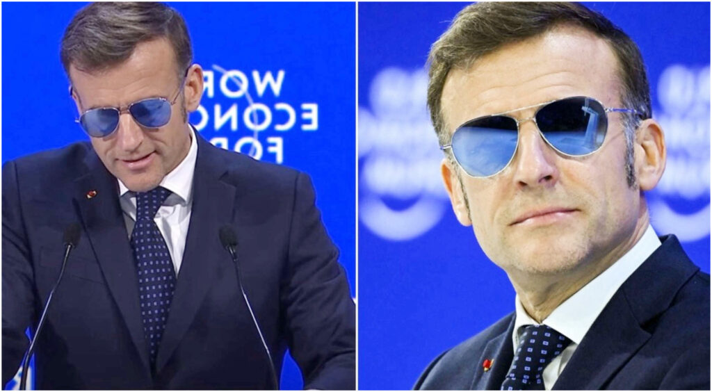 Macron indossa occhiali a specchio a Davos e afferma: «Per un po’ dovrete sopportarmi così»