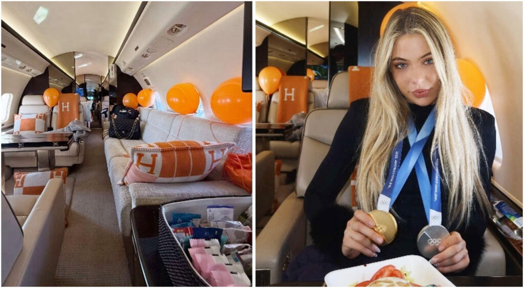 Jutta Leerdam torna dalle Olimpiadi sul jet privato di lusso tra cuscini Hermès e palloncini