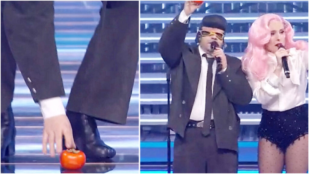 Sanremo, il gesto sorprendente di TonyPitony e il caco abbandonato sul palco: ecco il significato